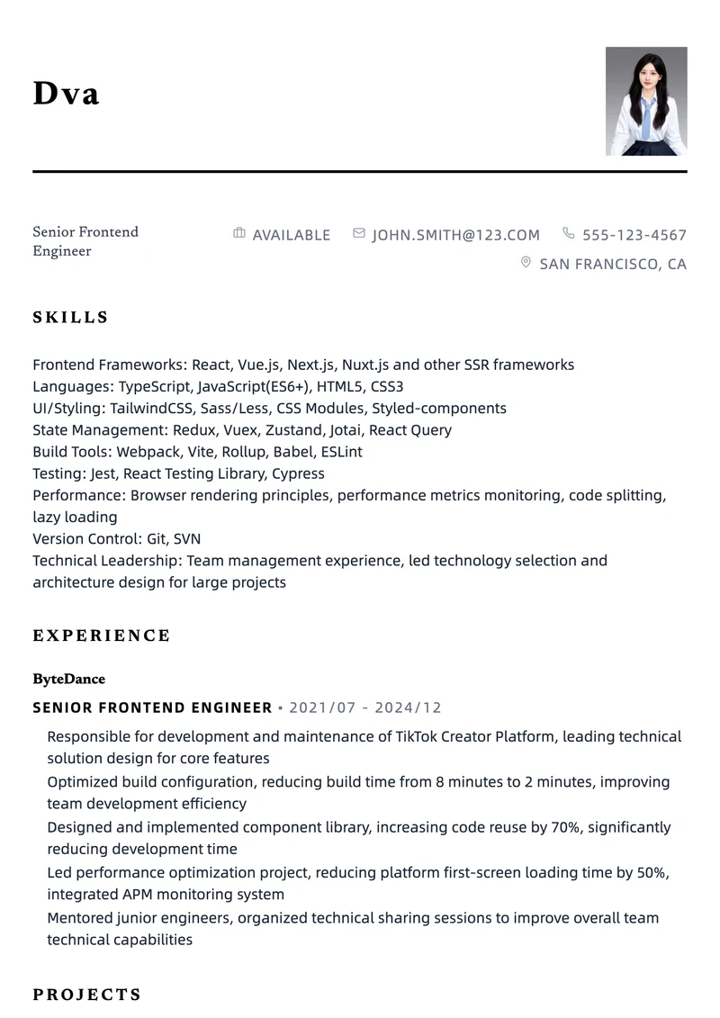 Example resume in the Editorial template