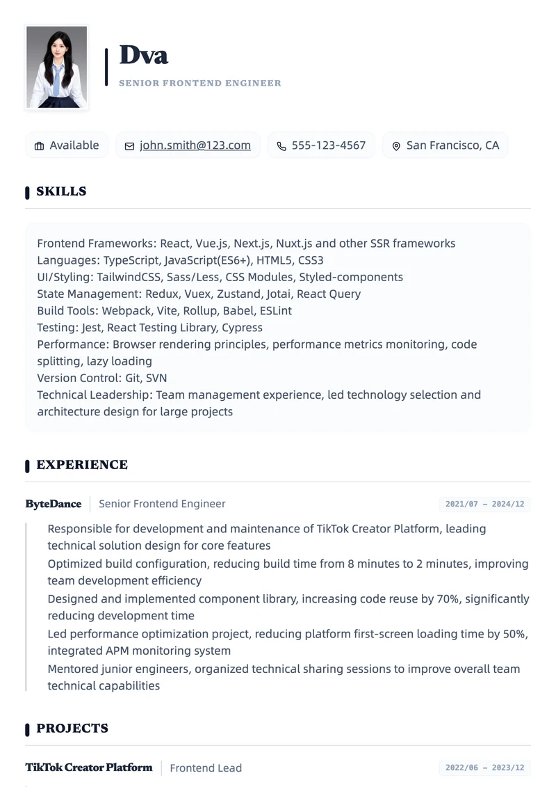 Example resume in the Swiss template